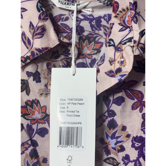Thakoon NEW Printed Tie Front Midi Cotton/Silk Dress in Pale Peach Size 6 - Picture 3 of 7